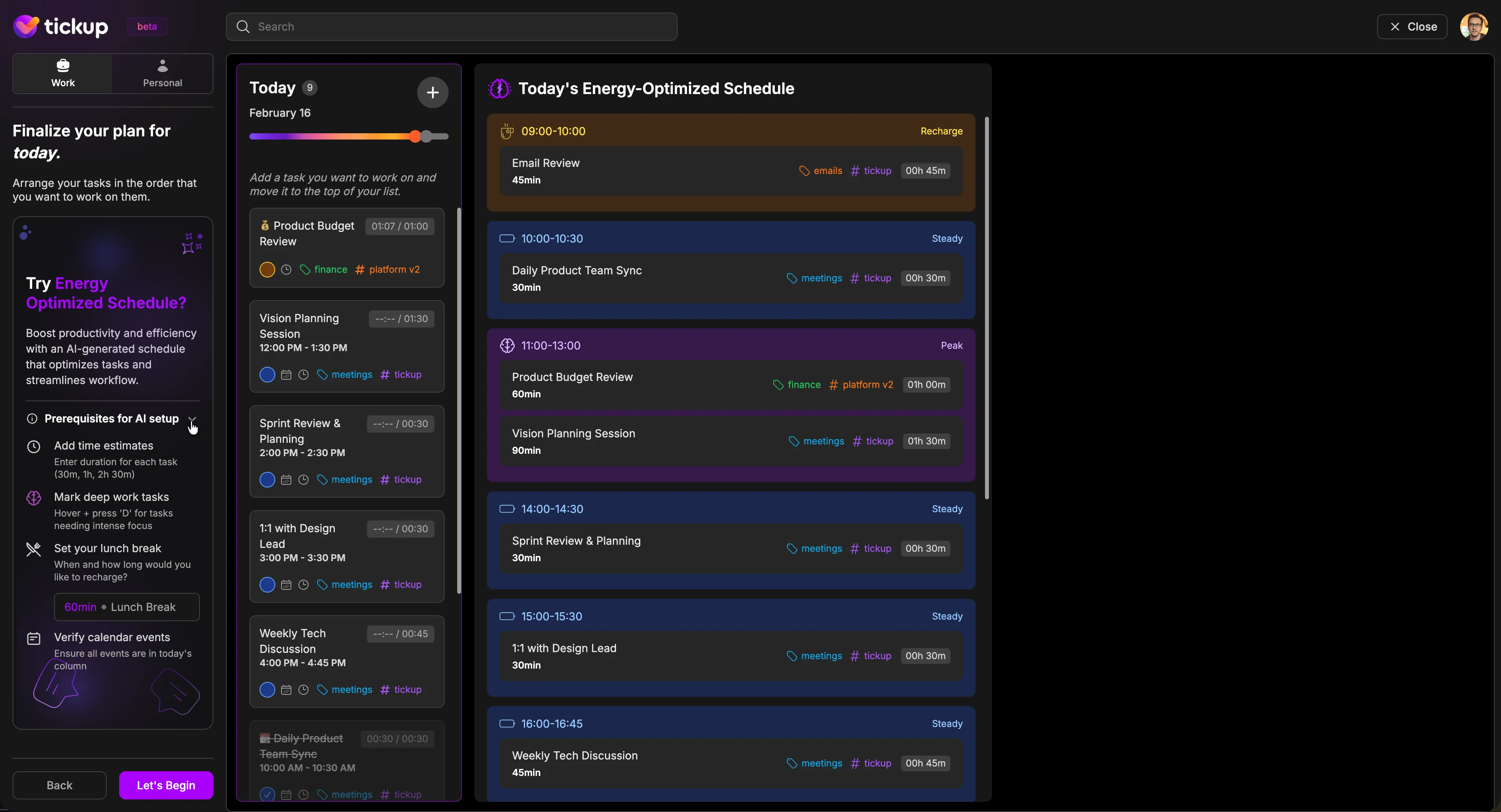 Energy-optimized daily schedule showing tasks organized into Recharge, Steady, Peak, and Flow time blocks with AI setup prerequisites