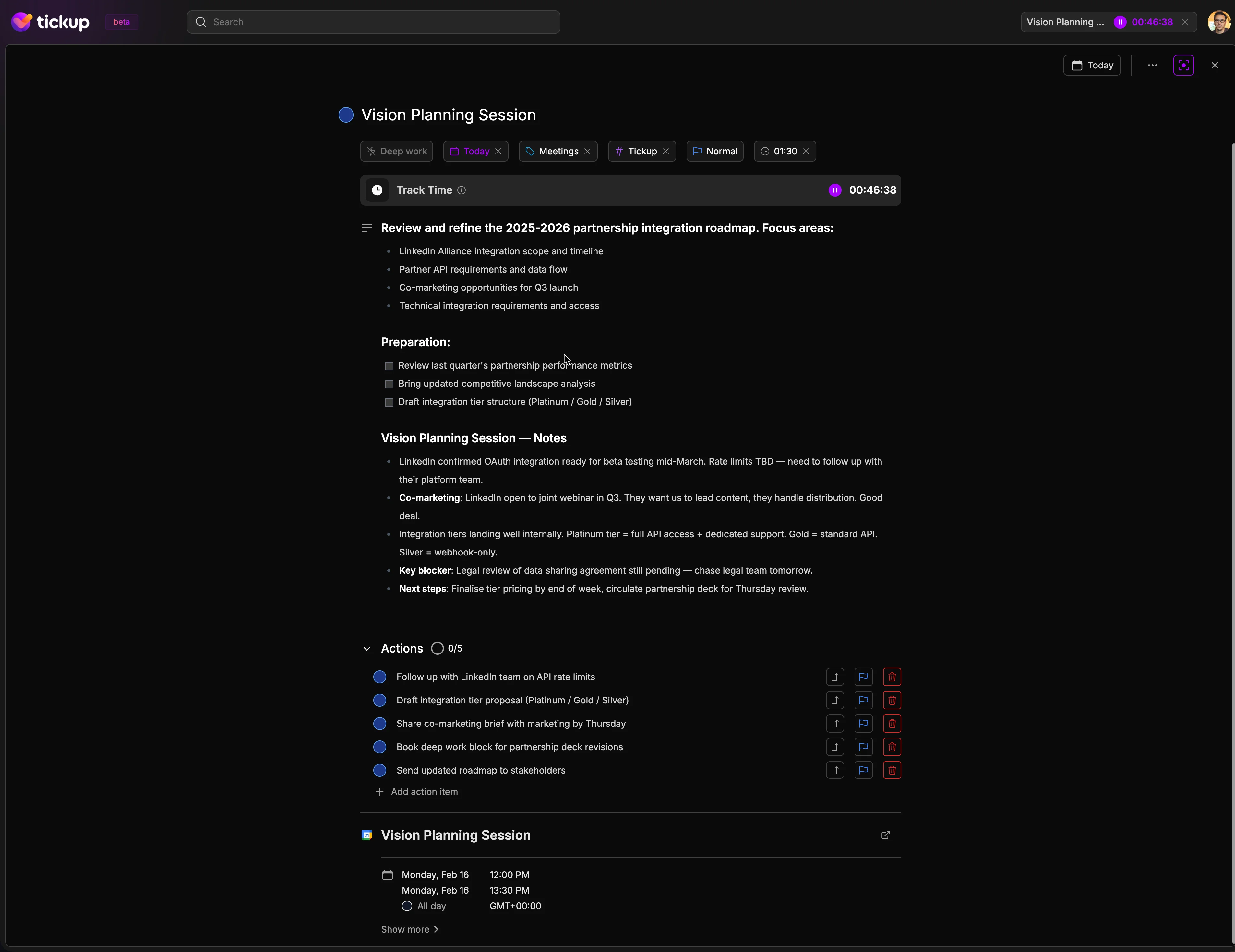 Full task view showing Vision Planning Session with meeting notes, preparation checklist, action items, and linked calendar event