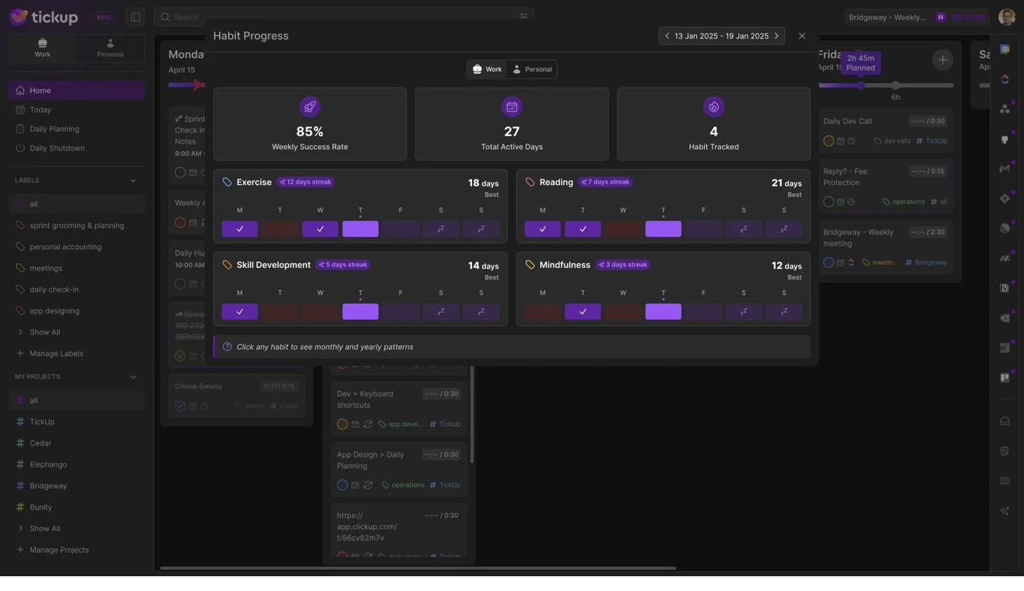Habit Progress showing exercise, reading, and mindfulness habits with streak counts and weekly completion patterns