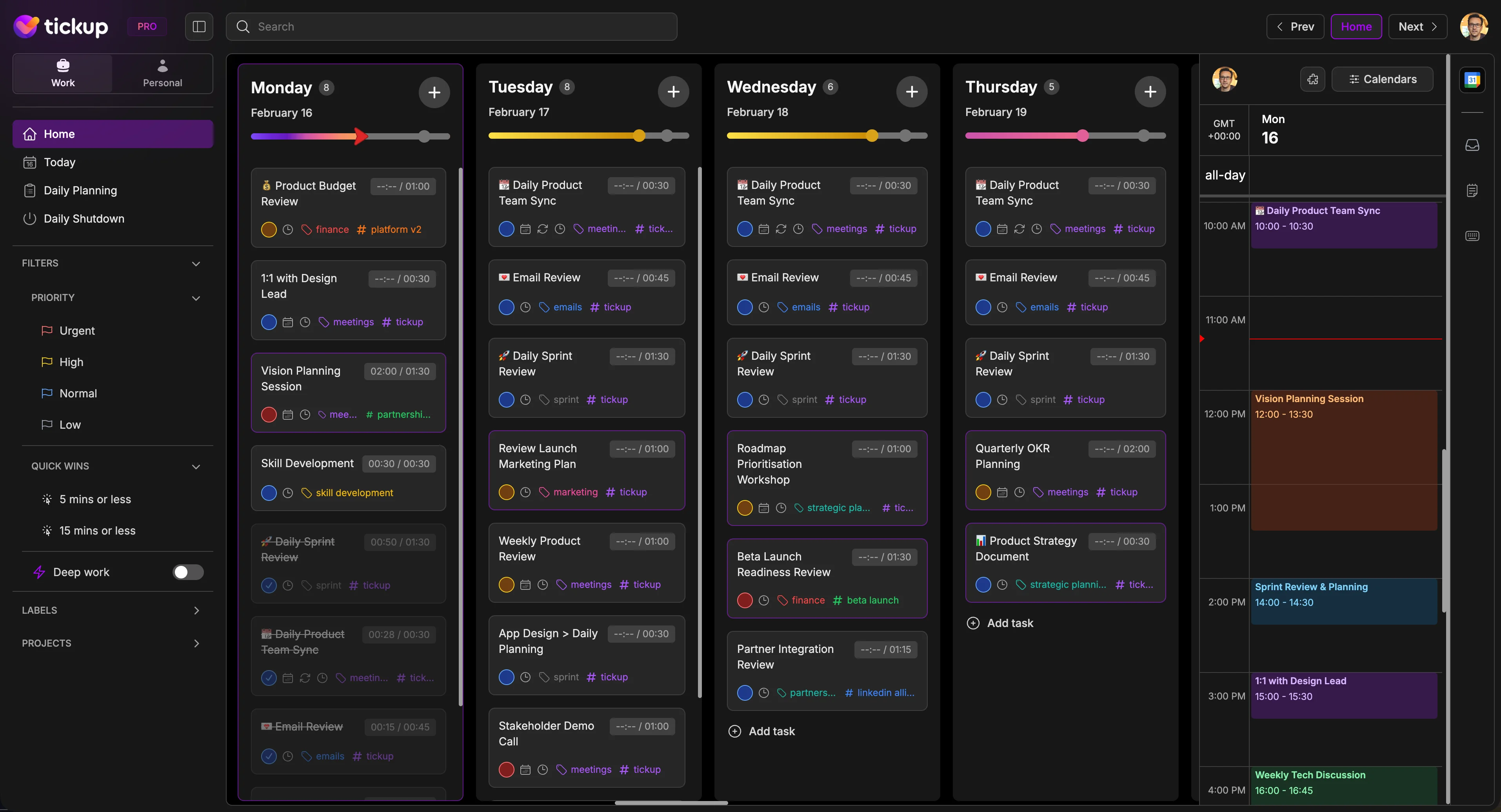 TickUp week view showing tasks, calendar events, and progress tracking across Monday to Thursday