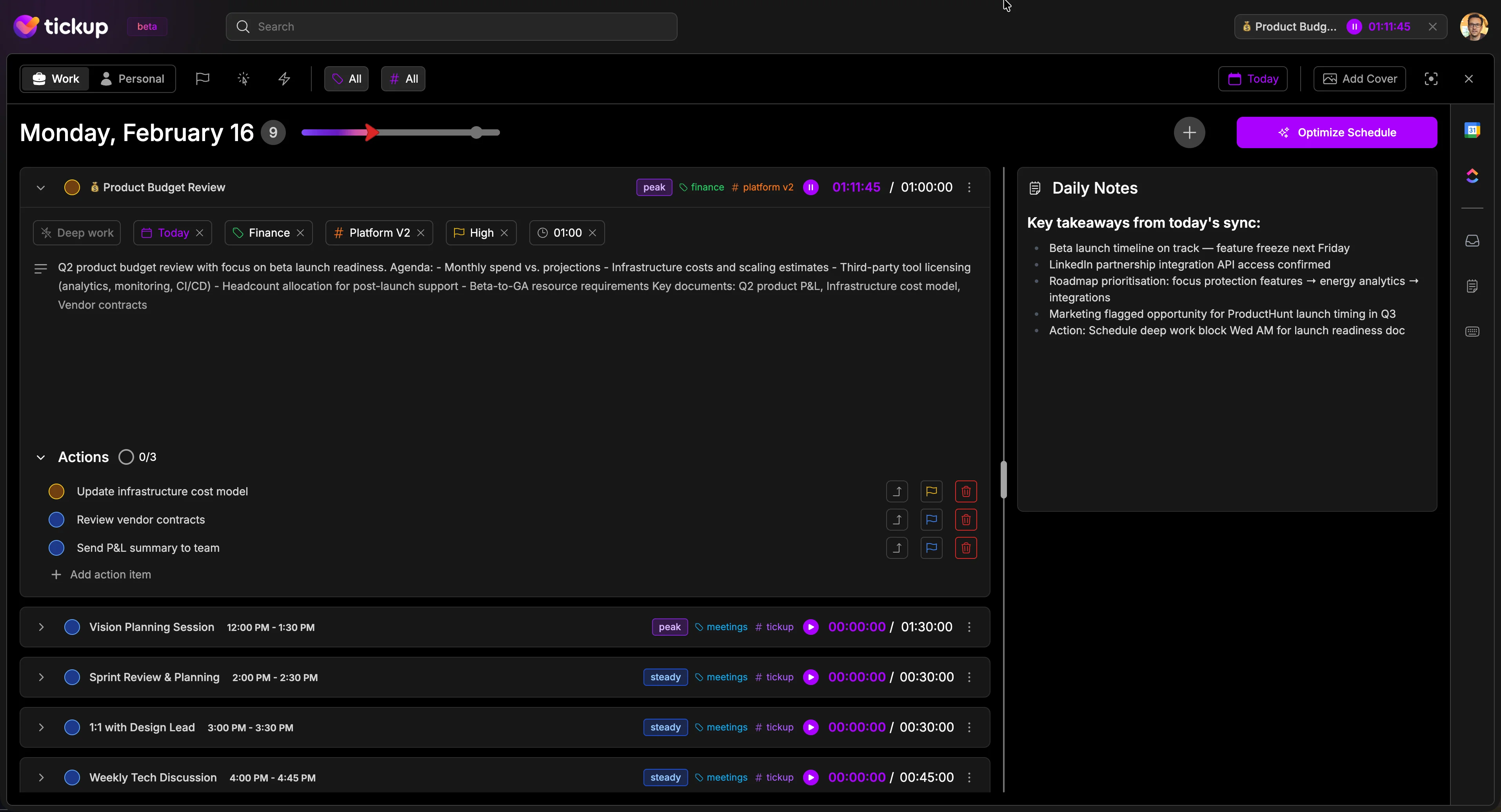 Today view with expanded task, action items, time tracker, and Daily Notes panel showing meeting takeaways